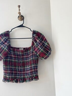 American Eagle Plaid Smocked Puff Sleeve Top | Small